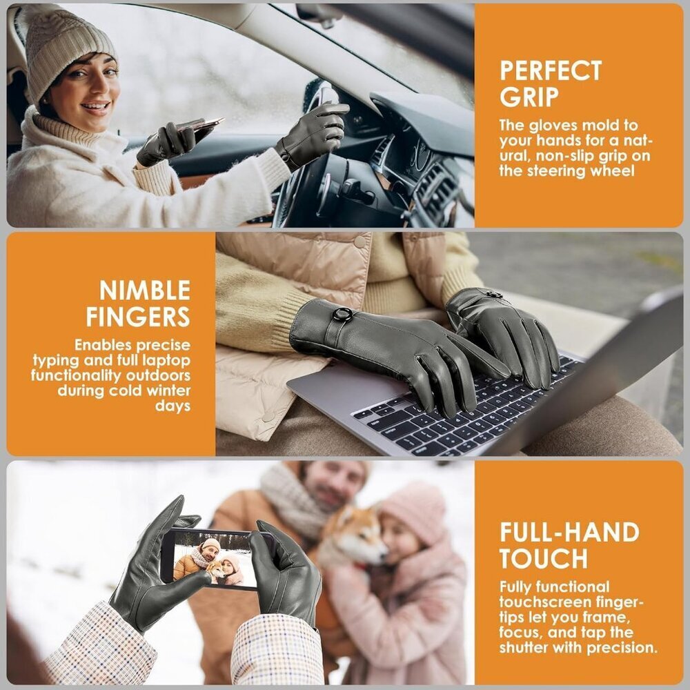 Women's Green Lambskin Leather Gloves Warm Touchscreen Winter Driving Gift - Picture 7 of 7